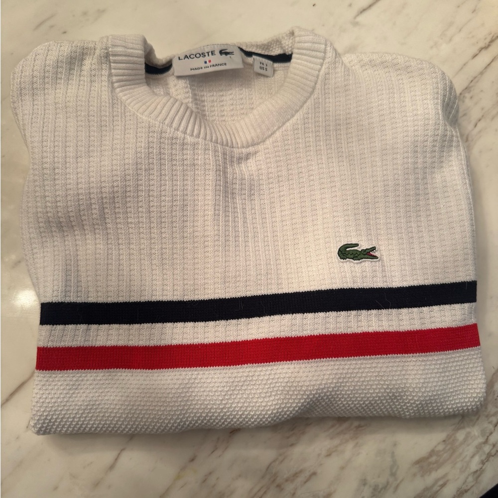 Lacoste Men's V-Neck Sweater in White with Red and Black Stripes